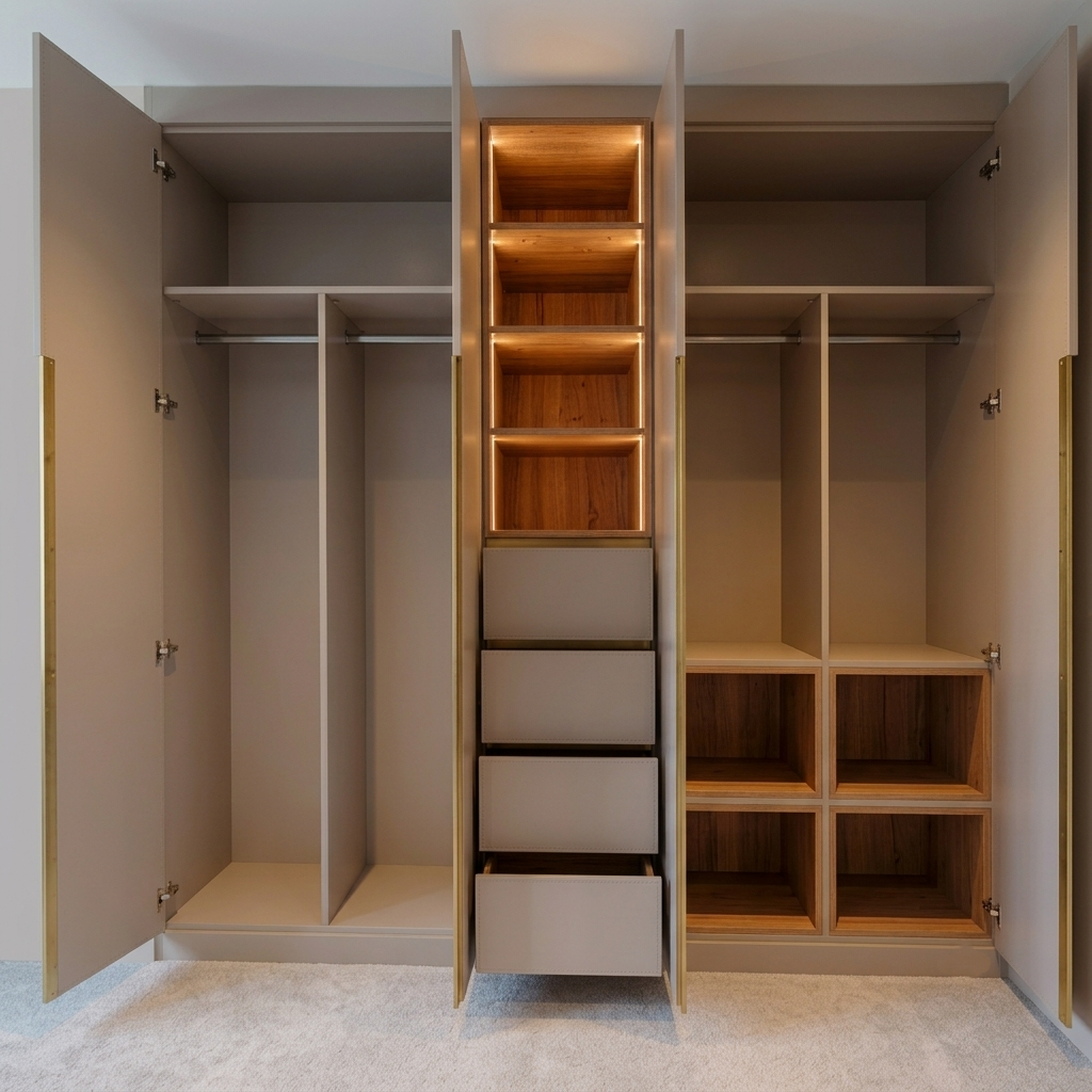 Modern Fitted Wardrobe with Brass Trim & Wood Shelving