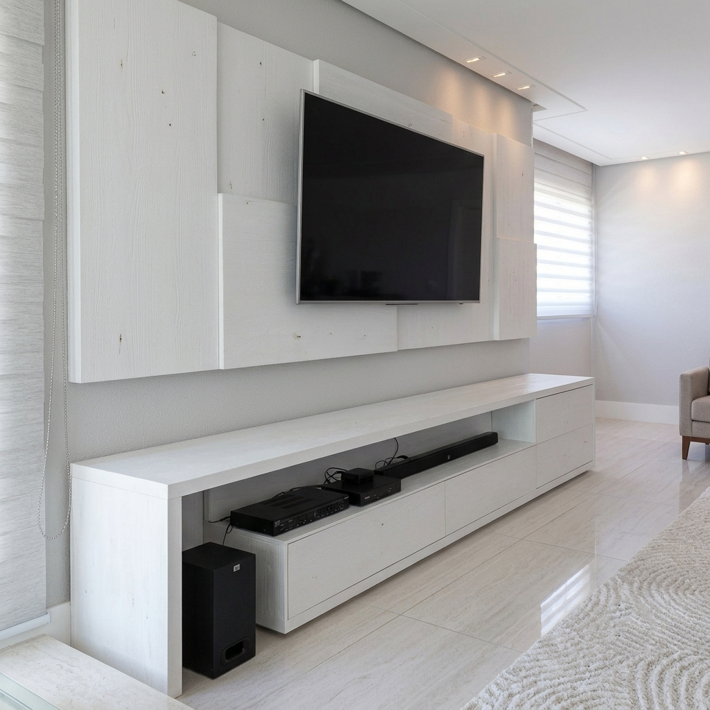 A modern white wooden wall-mounted TV console with a flat-screen television, soundbar, and subwoofer in a bright, contemporary living room.