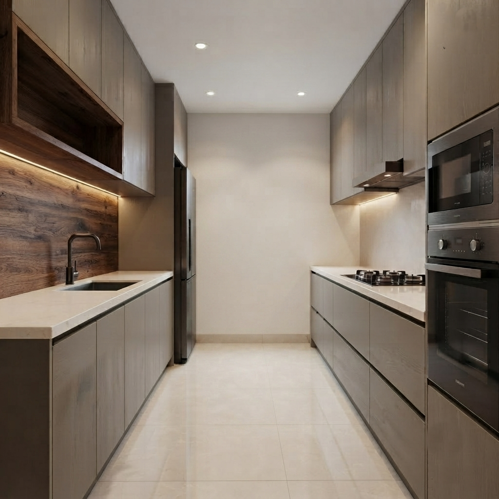 A modern kitchen interior with light wood cabinetry, white countertops, a dark wood backsplash, built-in stainless steel appliances including a refrigerator, oven, and microwave, and a tiled floor.