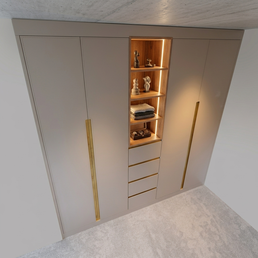 Modern Fitted Wardrobe with Brass Trim & Wood Shelving