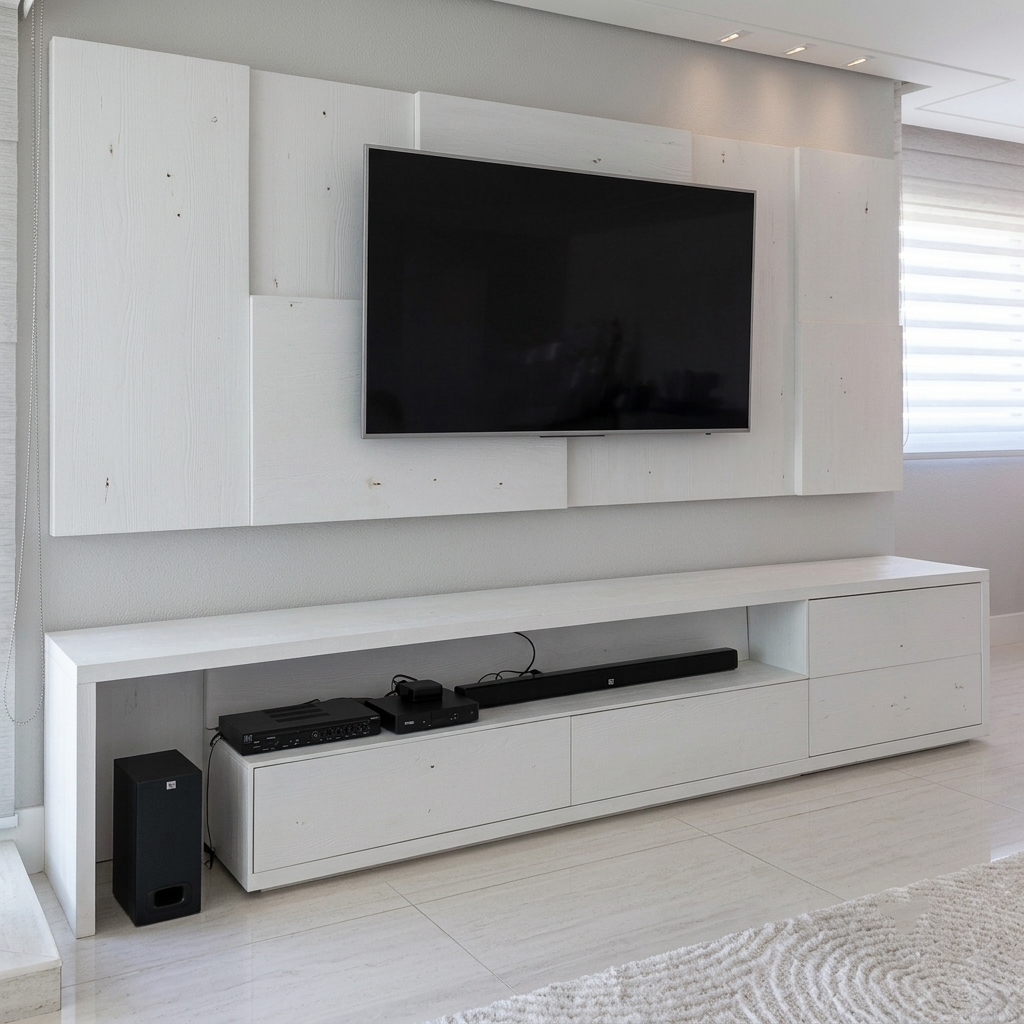 A modern white wooden media wall and matching low console in a bright living room, with a black flat-screen TV mounted above. The room has light wood flooring, white blinds, and a white rug.