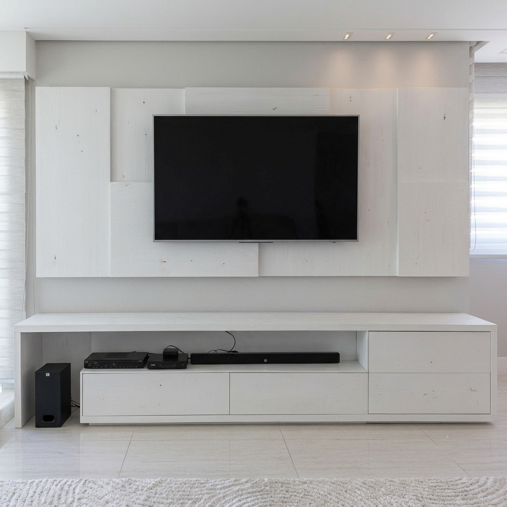 A modern white wooden media console and wall-mounted TV setup in a bright, minimalist living room.