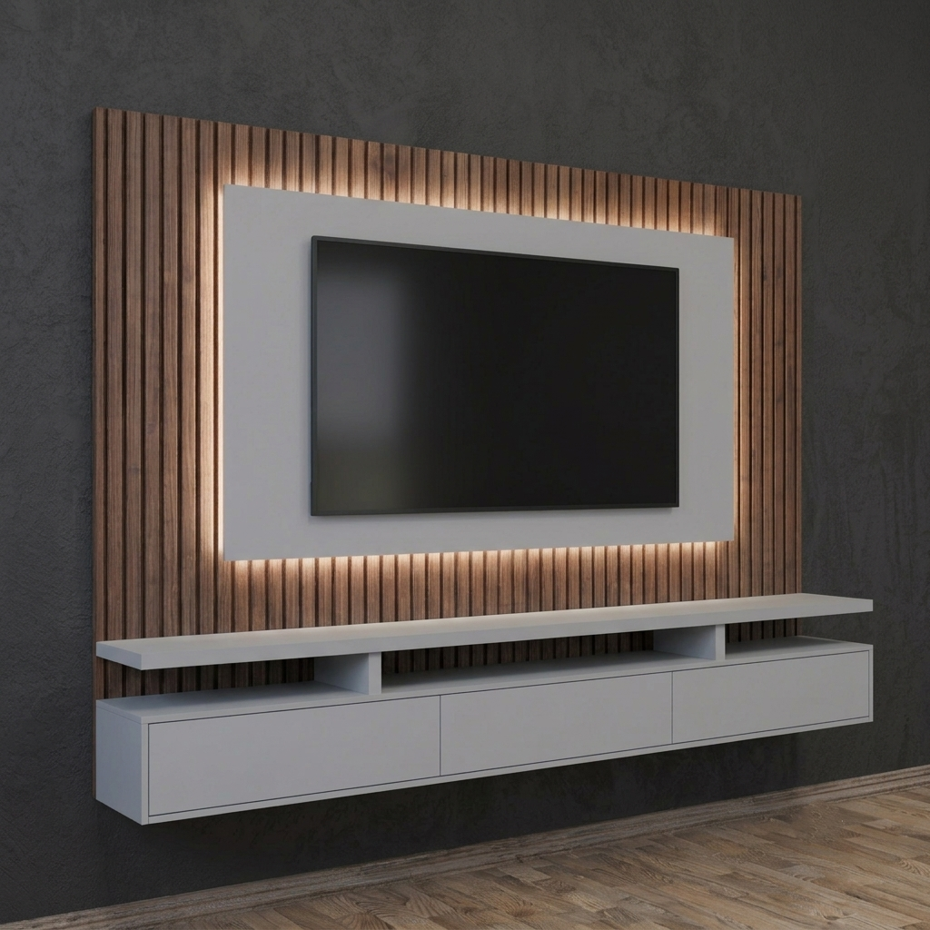 A modern wall-mounted TV stand and media console with a floating white shelf and matching TV frame, set against a slatted wood backplate with warm LED lighting on a dark textured wall.