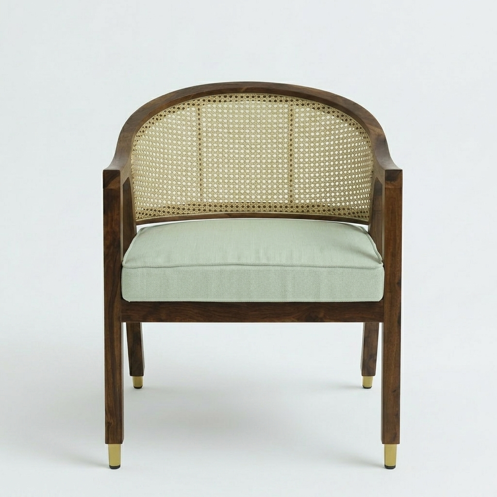 A modern accent chair with a dark brown wooden frame, a natural woven cane backrest, and a light sage green cushioned seat, shown against a plain white studio background.