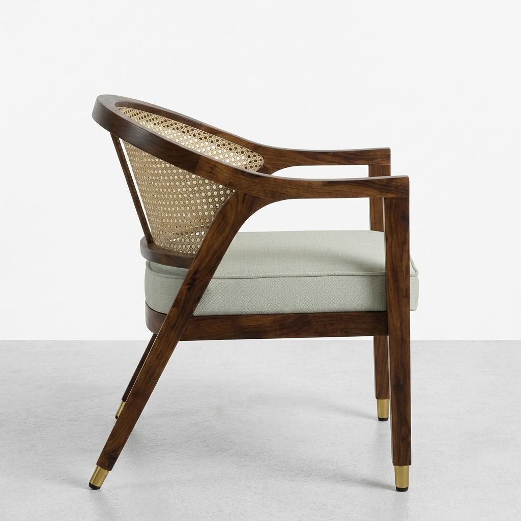 A mid-century modern accent chair with a dark brown wooden frame, woven cane backrest, and a light sage green upholstered seat cushion, shown against a clean white studio background.