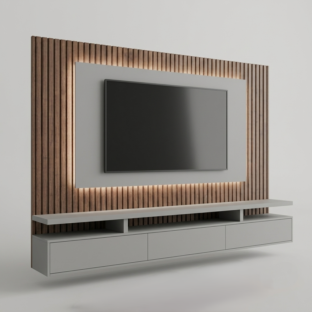 Modern floating TV wall console with a large black screen mounted on a wood slat backlit wall, above a light gray floating cabinet, shown in a clean studio render.