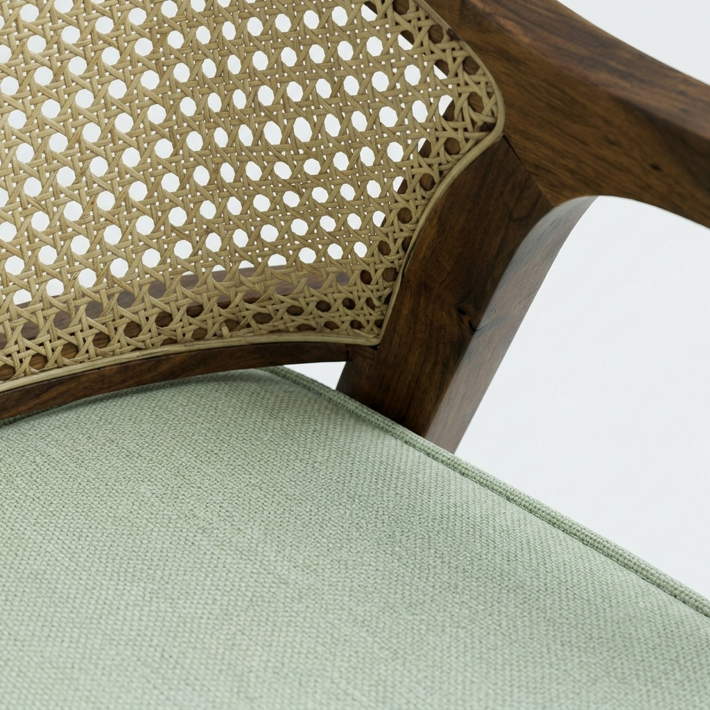 Close-up detail of a mid-century modern armchair featuring a light sage green woven seat cushion, a natural cane backrest, and a dark brown wooden frame.