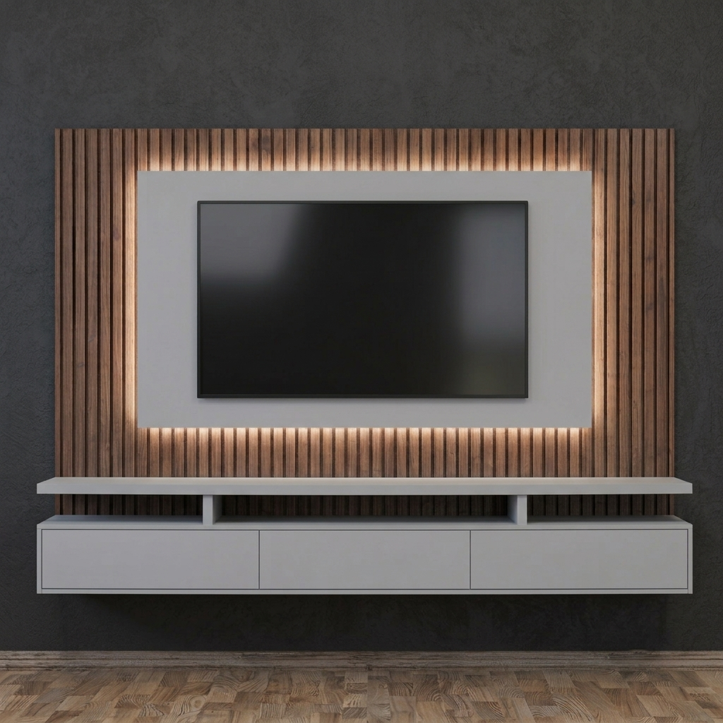 A modern wall-mounted TV stand with a floating white cabinet and a large flat-screen TV, set against a slatted wood backplate with warm LED lighting, mounted on a dark textured wall above a wood floor.