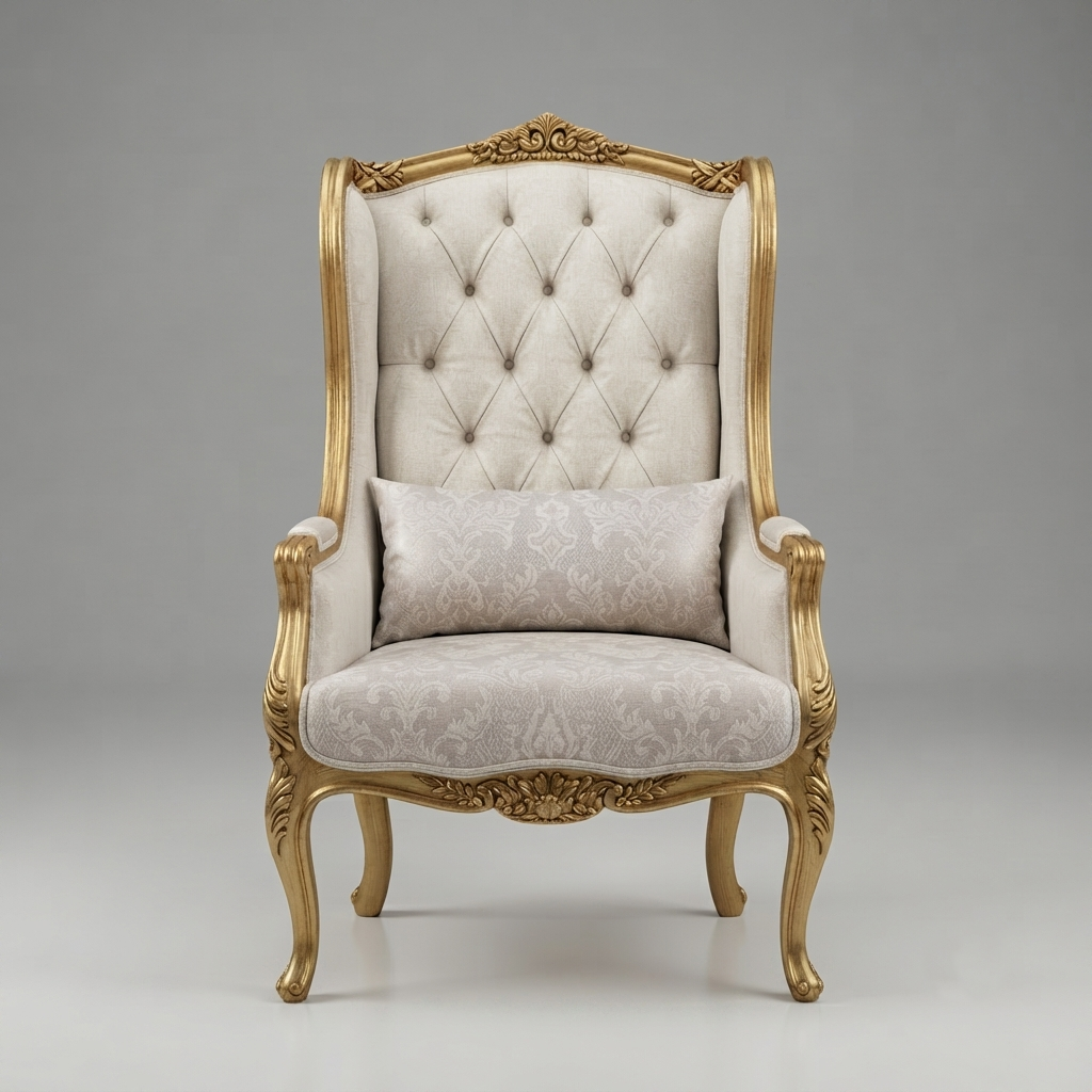 An ornate high-back wingback armchair with carved gold-finished wood framing and tufted cream upholstery, accompanied by a matching patterned lumbar pillow, photographed against a neutral gray studio background.