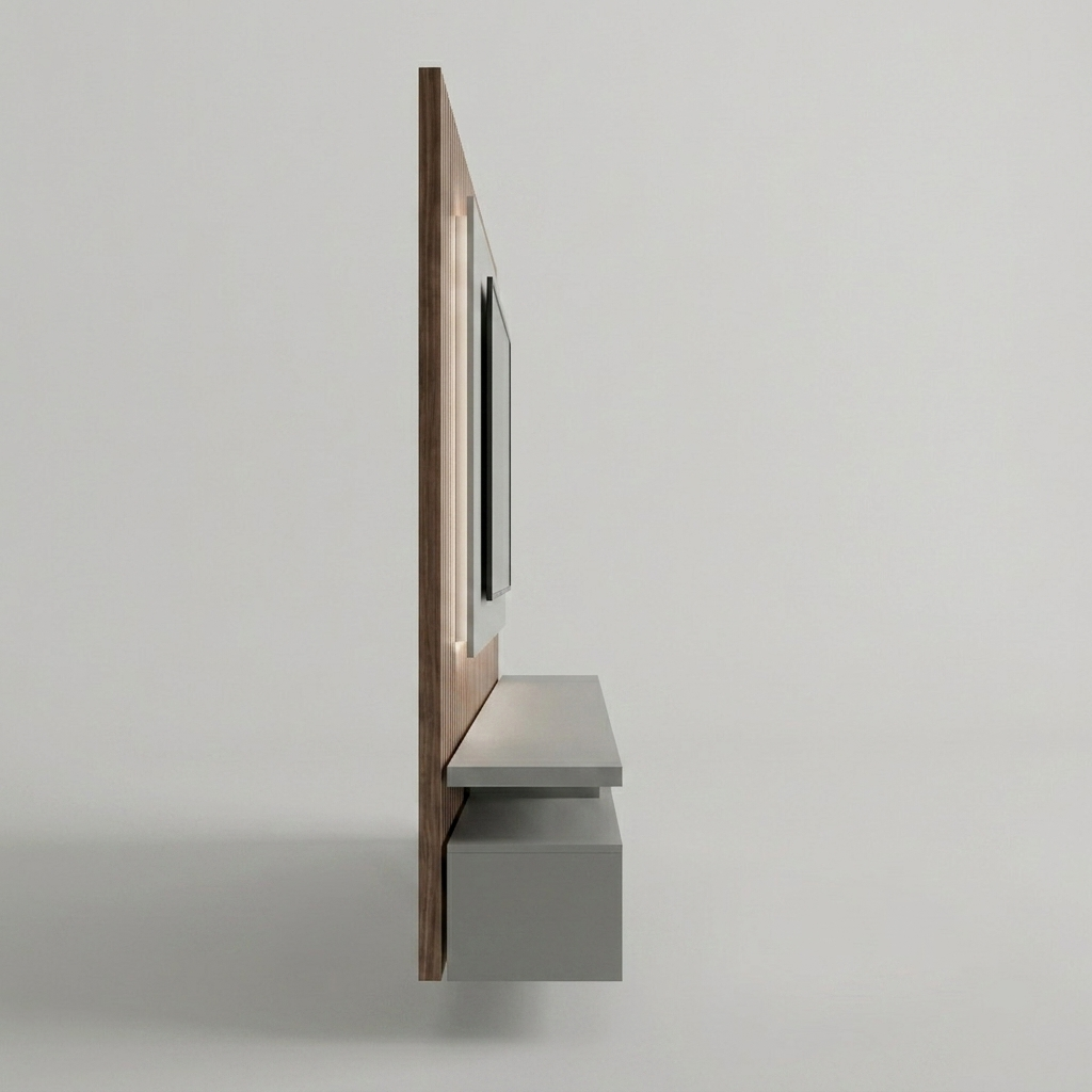 A modern wall-mounted floating TV stand with a dark wood frame, a black screen, and a floating gray shelf and storage drawer, shown against a neutral light gray background.
