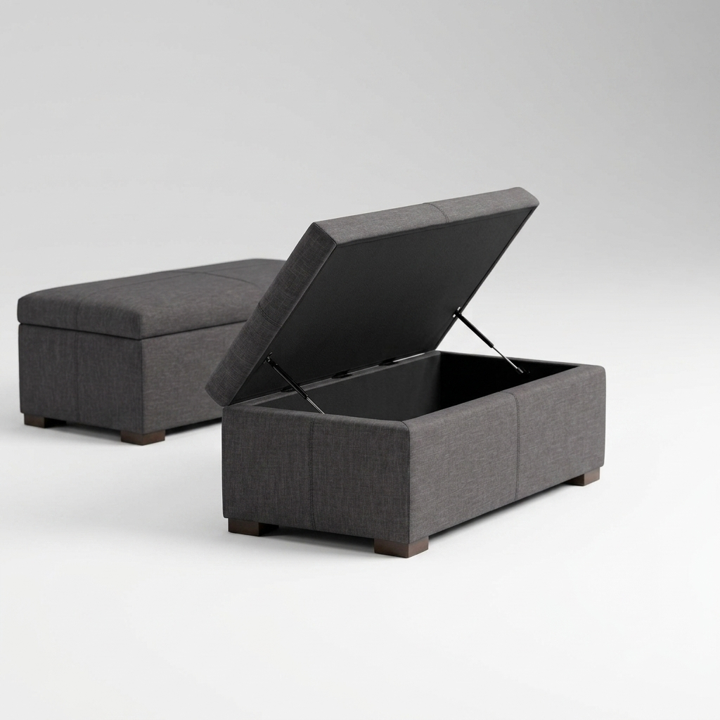 Two gray upholstered storage ottomans on a light gray studio background, with one ottoman open to show the lift-up lid and storage compartment.