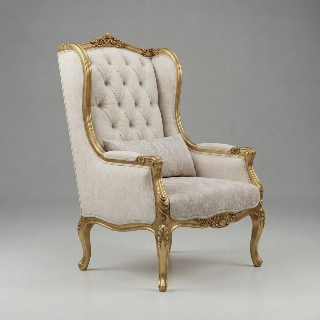An elegant wingback armchair with a tufted cream fabric upholstery and ornate gold gilded wooden frame, set against a neutral gray studio background.