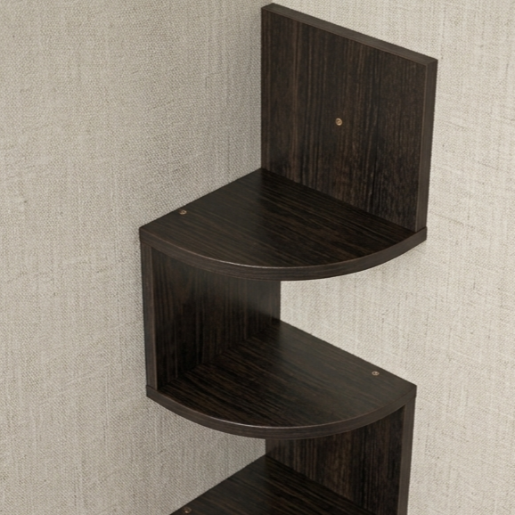 Dark brown wood corner shelf mounted on a textured beige wall, showing three tiers with visible wood grain and small gold-toned mounting screws.