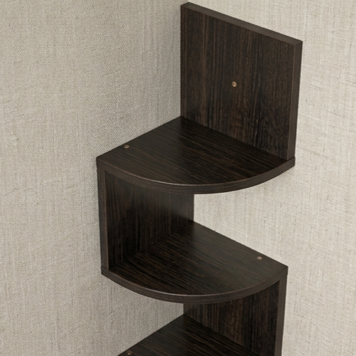 Dark brown wood corner shelf mounted on a textured beige wall, showing three tiers with visible wood grain and small gold-toned mounting screws.