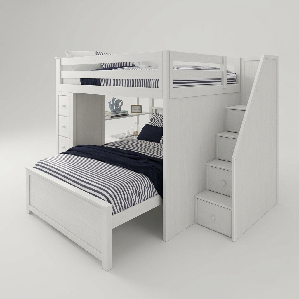 White wooden loft bed with a trundle, built-in stairs with drawers, and a small shelf under the top bunk, shown with navy and white striped bedding in a clean studio setting.