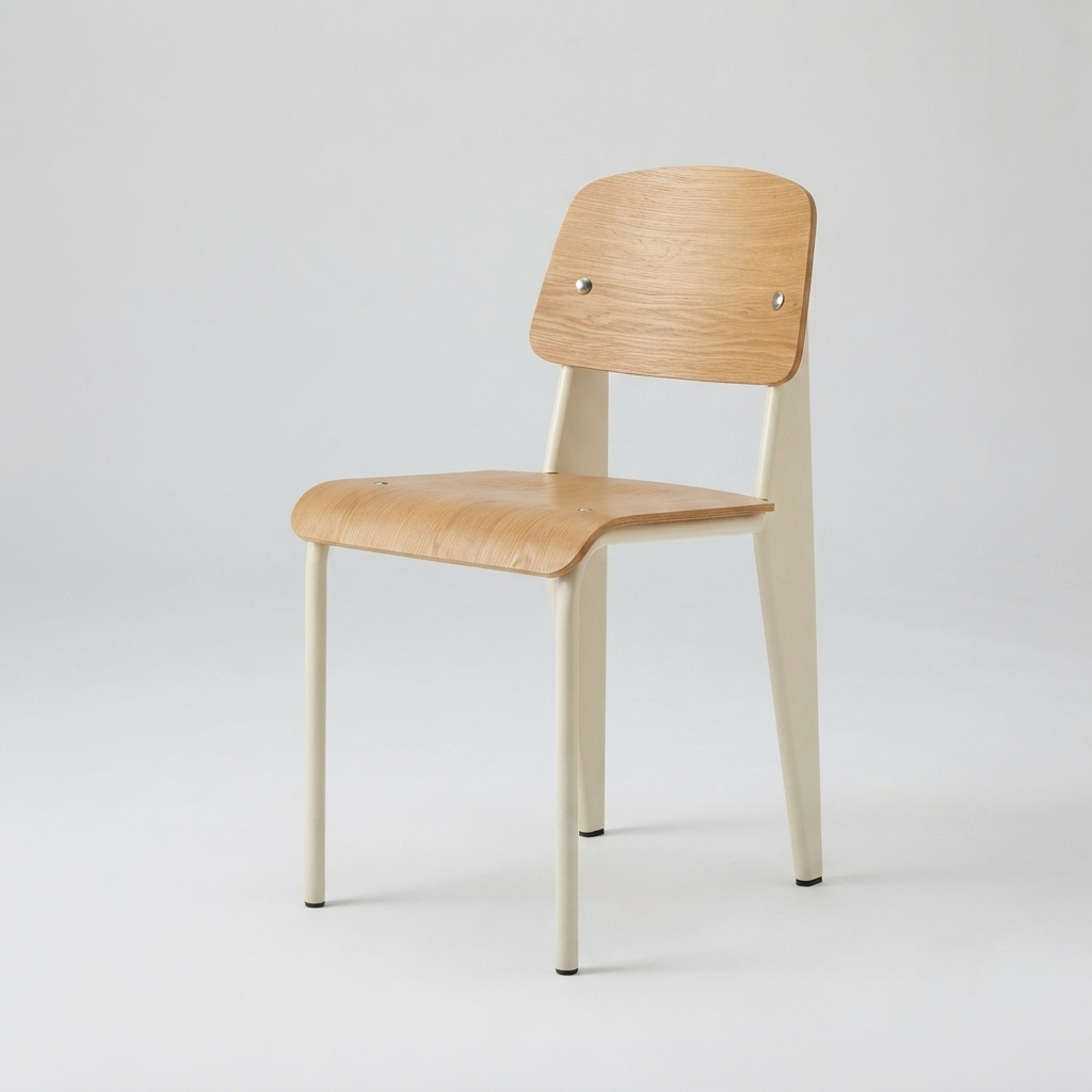 A modern dining chair with a light natural wood seat and backrest, supported by slim cream-colored metal legs, photographed against a seamless light gray studio background.