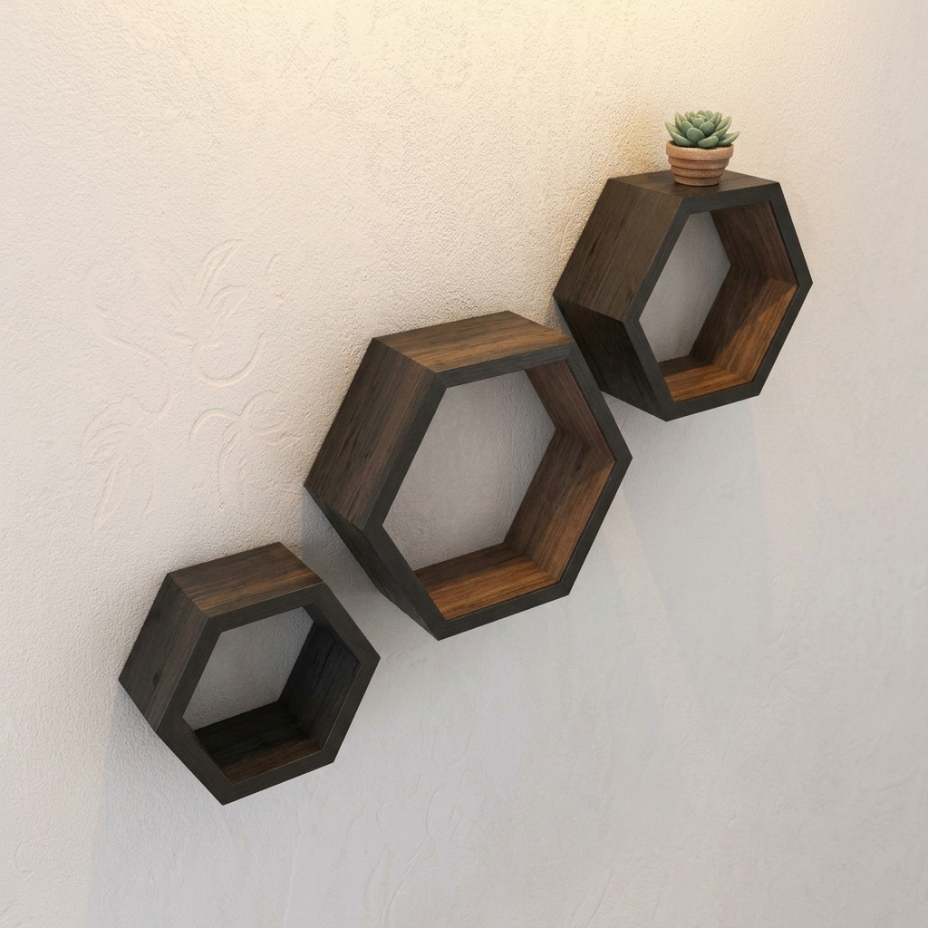 Three dark brown hexagonal floating wall shelves mounted on a textured off-white wall, with a small potted succulent on the top shelf.