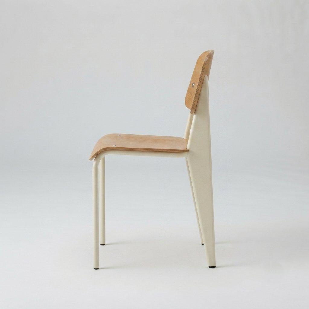 A modern side chair with a light natural wood seat and backrest, supported by a cream-colored metal frame, shown from a side profile against a light gray studio background.