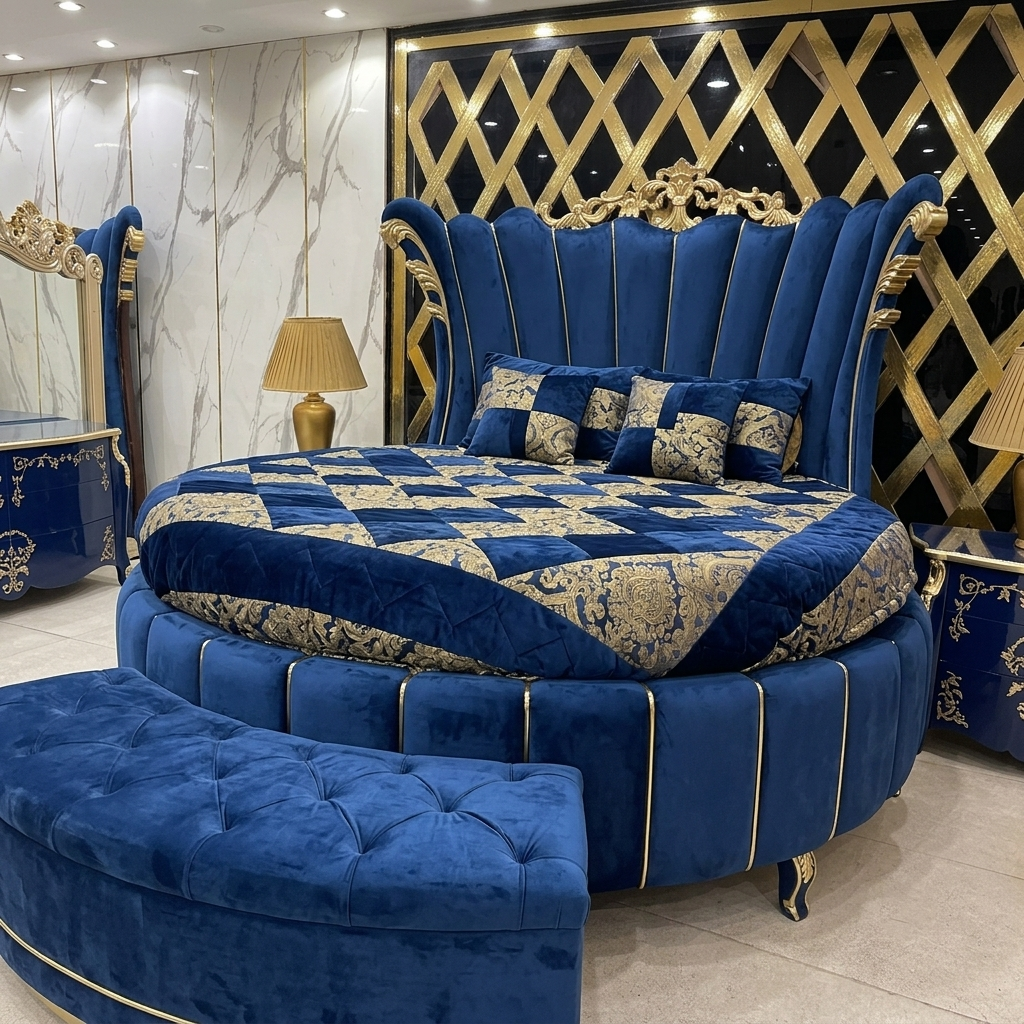Luxury Round Velvet Bed in Premium Wood – Royal Design