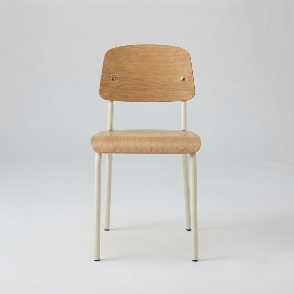 A modern dining chair with a light natural wood seat and backrest, supported by slim off-white metal legs, photographed against a seamless light gray studio background.