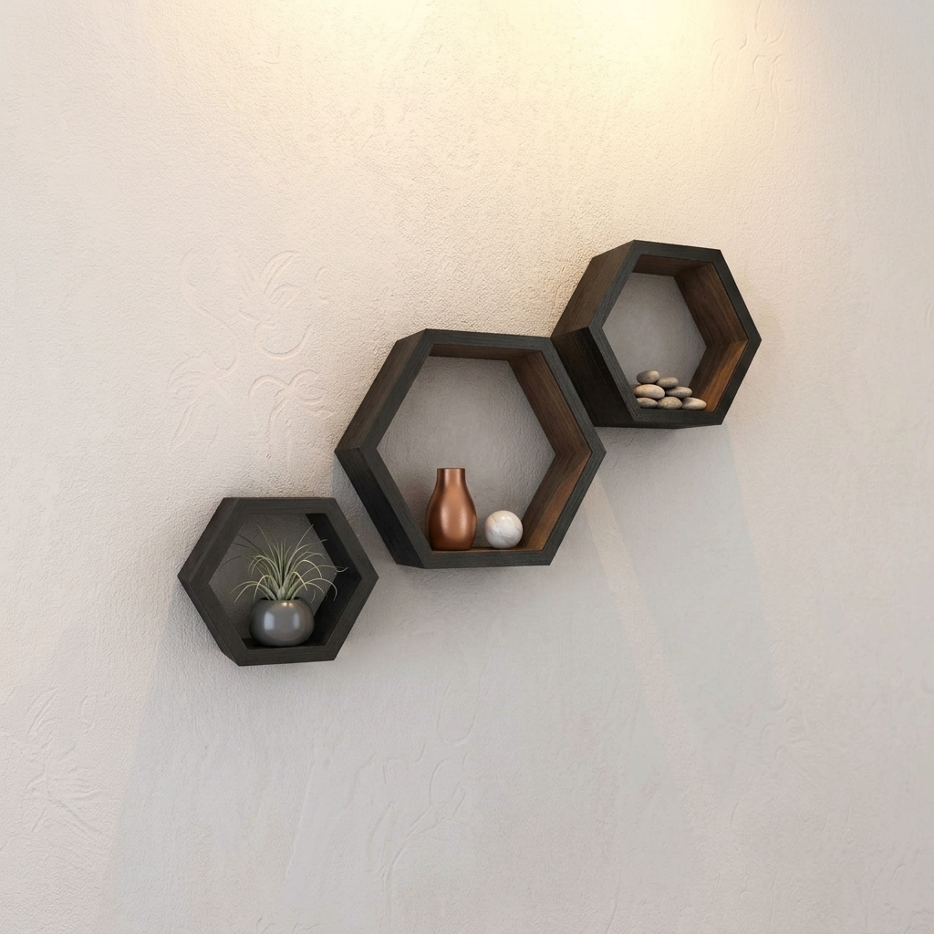 Three hexagonal floating wall shelves in a dark finish mounted on a textured off-white wall, styled with a small potted plant, a copper vase, a white sphere, and pebbles.