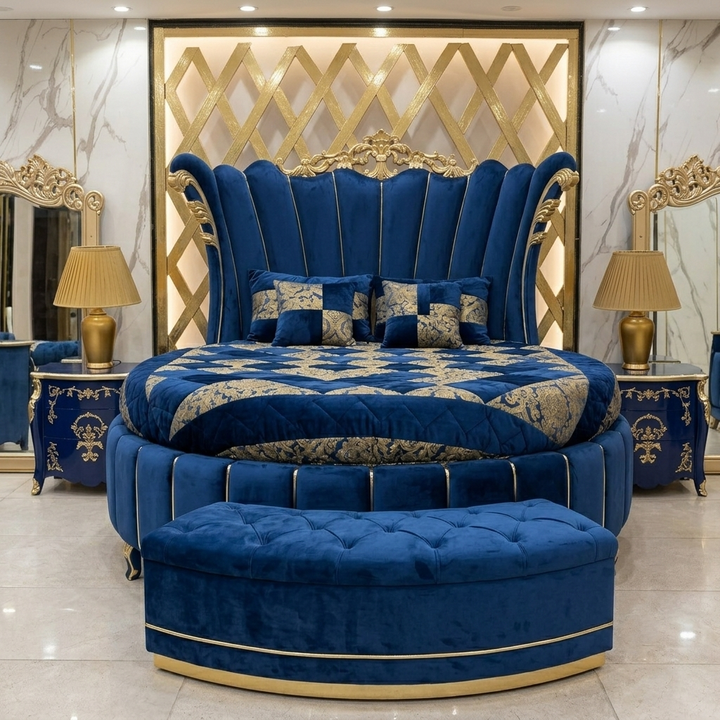 Luxury Round Velvet Bed in Premium Wood – Royal Design