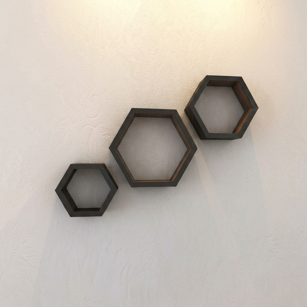 Three hexagonal floating wall shelves in a dark wood finish, arranged diagonally on a textured off-white wall.