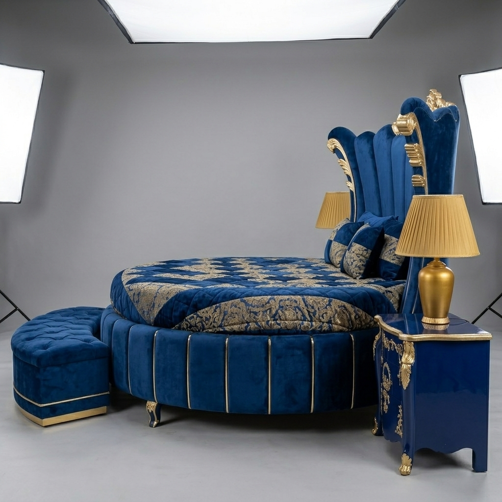 Luxury Round Velvet Bed in Premium Wood – Royal Design