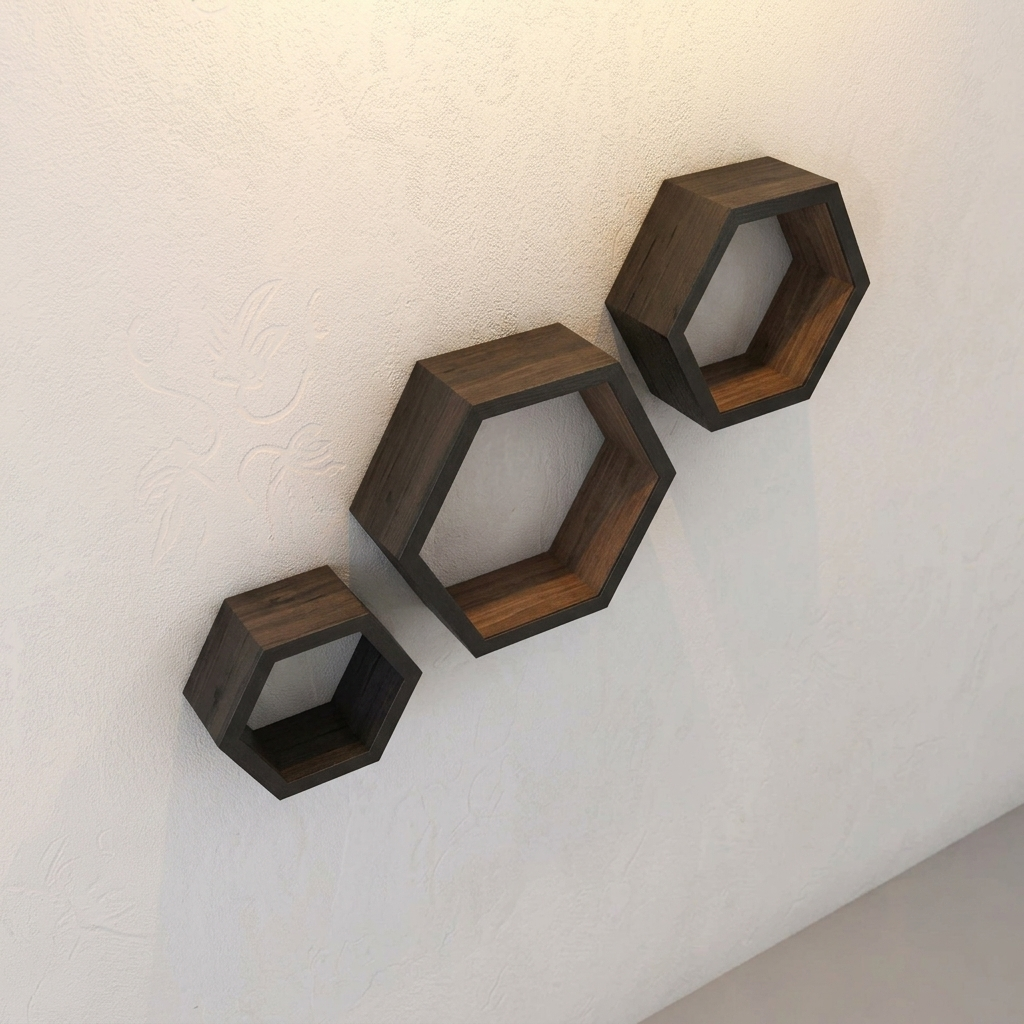 Three dark brown hexagonal floating wall shelves mounted diagonally on a textured off-white wall.