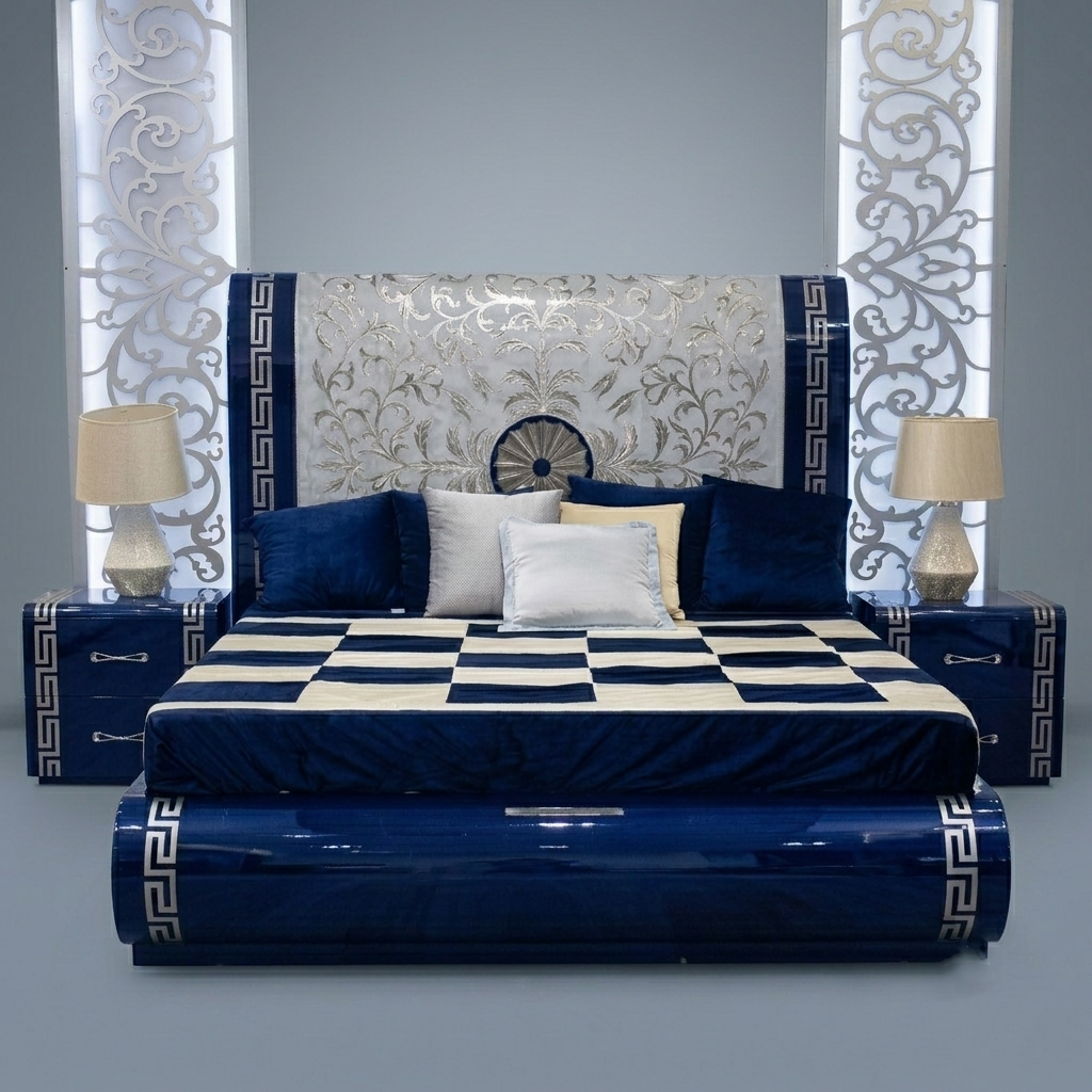 High-Gloss Blue Storage Bed in Premium Wood – Modern Glam