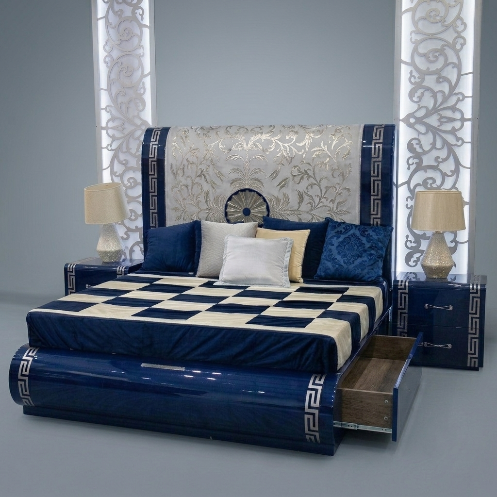 High-Gloss Blue Storage Bed in Premium Wood – Modern Glam