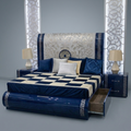 High-Gloss Blue Storage Bed in Premium Wood – Modern Glam
