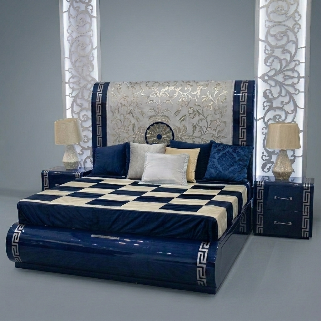 High-Gloss Blue Storage Bed in Premium Wood – Modern Glam