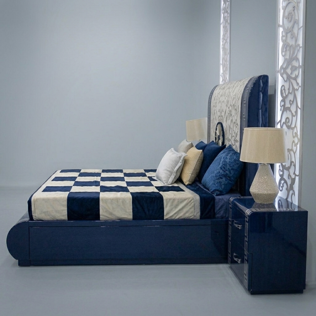 High-Gloss Blue Storage Bed in Premium Wood – Modern Glam