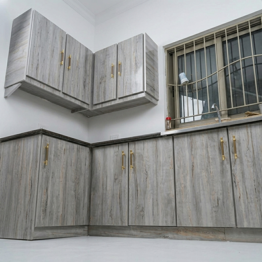 L-shaped kitchen cabinets with a gray wood grain finish and gold handles, installed on a white wall with a window featuring security bars.