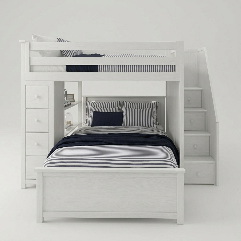 White wooden bunk bed with a staircase that converts into storage drawers, styled with navy blue and gray striped bedding on a light gray background.