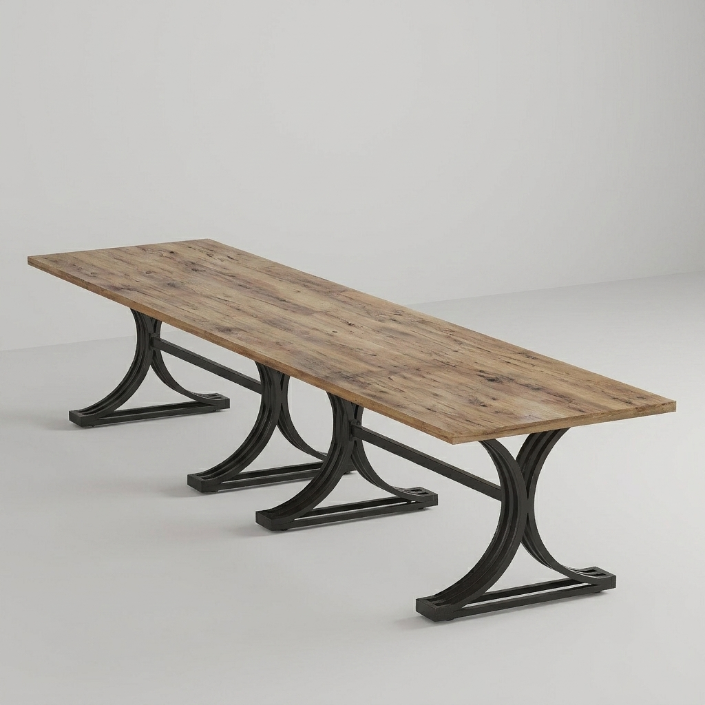 A rustic rectangular dining table with a weathered brown wood plank top and dark metal T-style legs, shown on a light gray studio background.