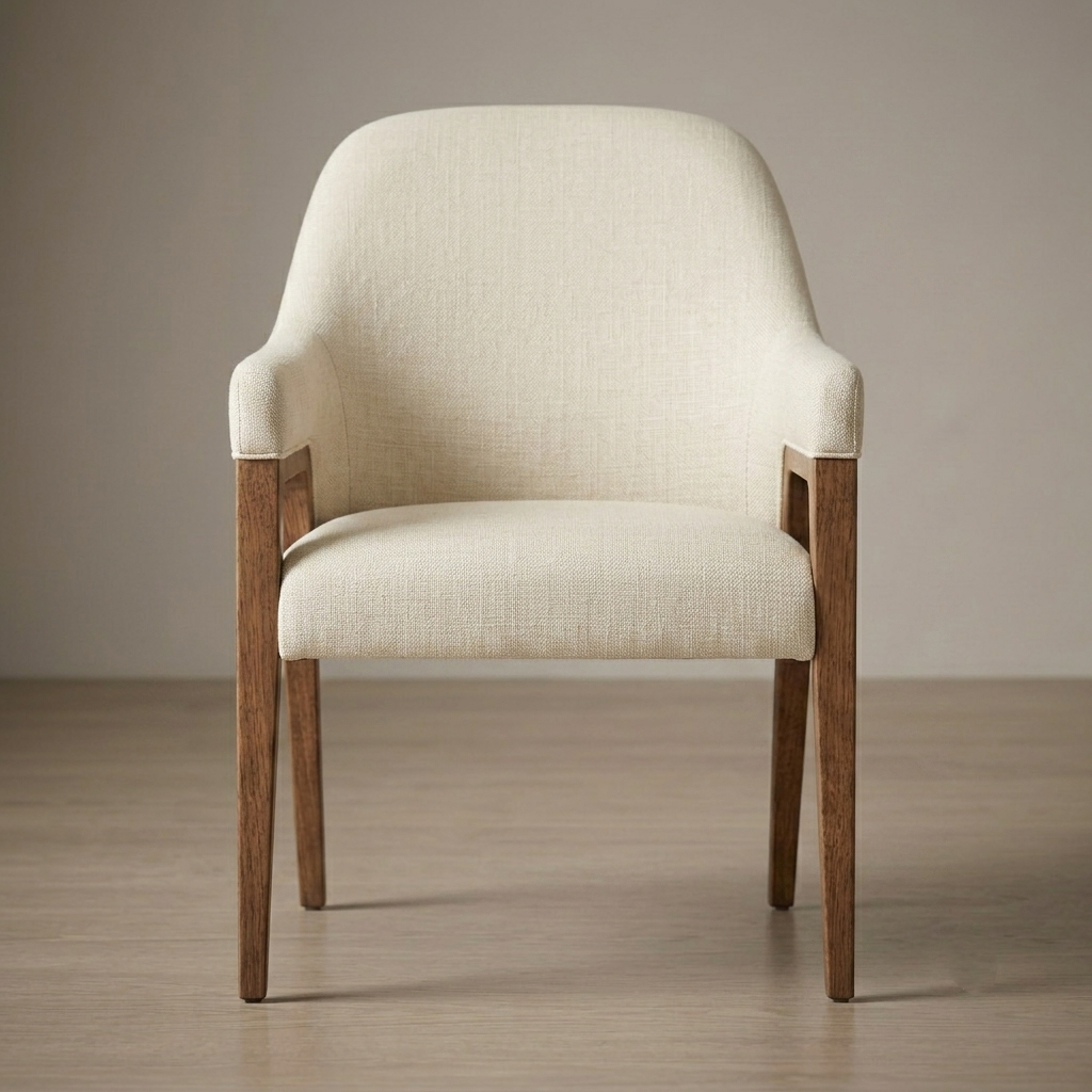 An upholstered accent chair with a cream-colored textured fabric seat and backrest, supported by a medium brown wooden frame with tapered legs, set against a neutral beige wall and light wood floor.