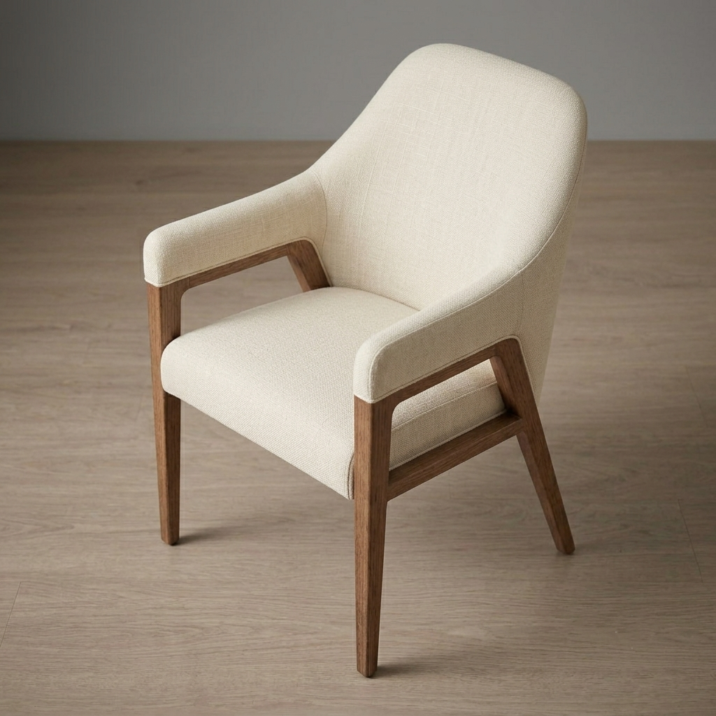 A modern accent chair with cream-colored textured fabric upholstery and a medium brown wooden frame, shown on a light wood floor against a neutral gray wall.