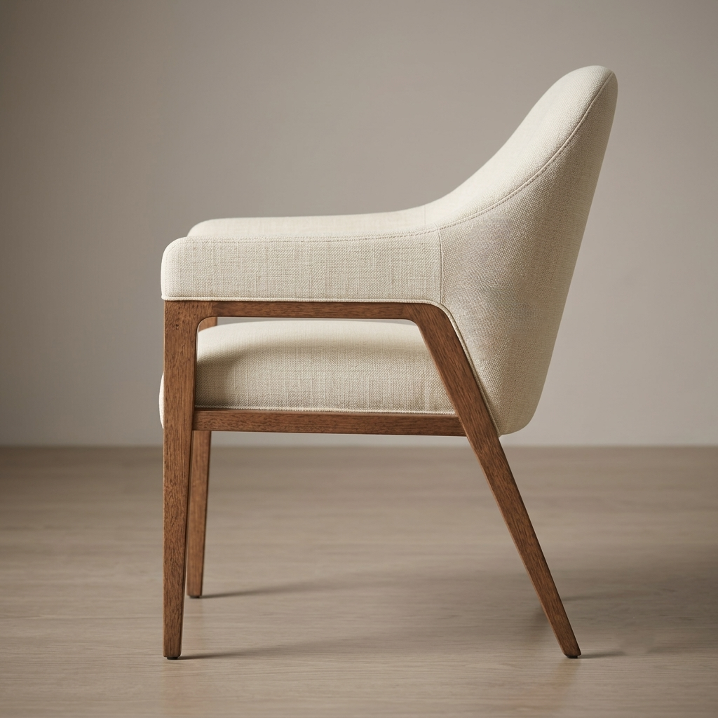 A modern upholstered dining chair shown in side profile, featuring a cream-colored textured fabric seat and back cushion with a medium brown wooden frame and tapered legs, set against a neutral beige background.