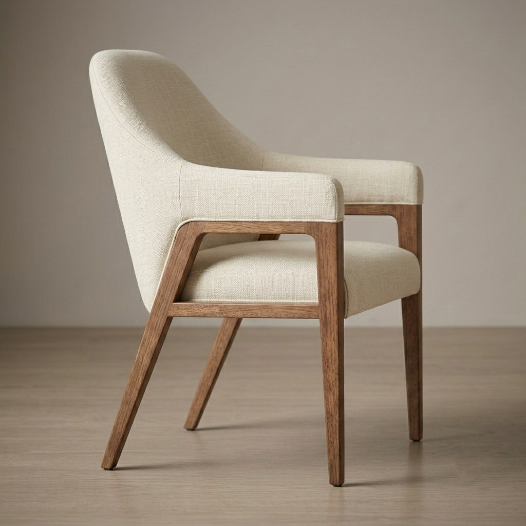 A modern upholstered dining chair with a cream-colored textured fabric seat and backrest, supported by a warm medium-brown wooden frame and splayed legs, set against a neutral beige background.