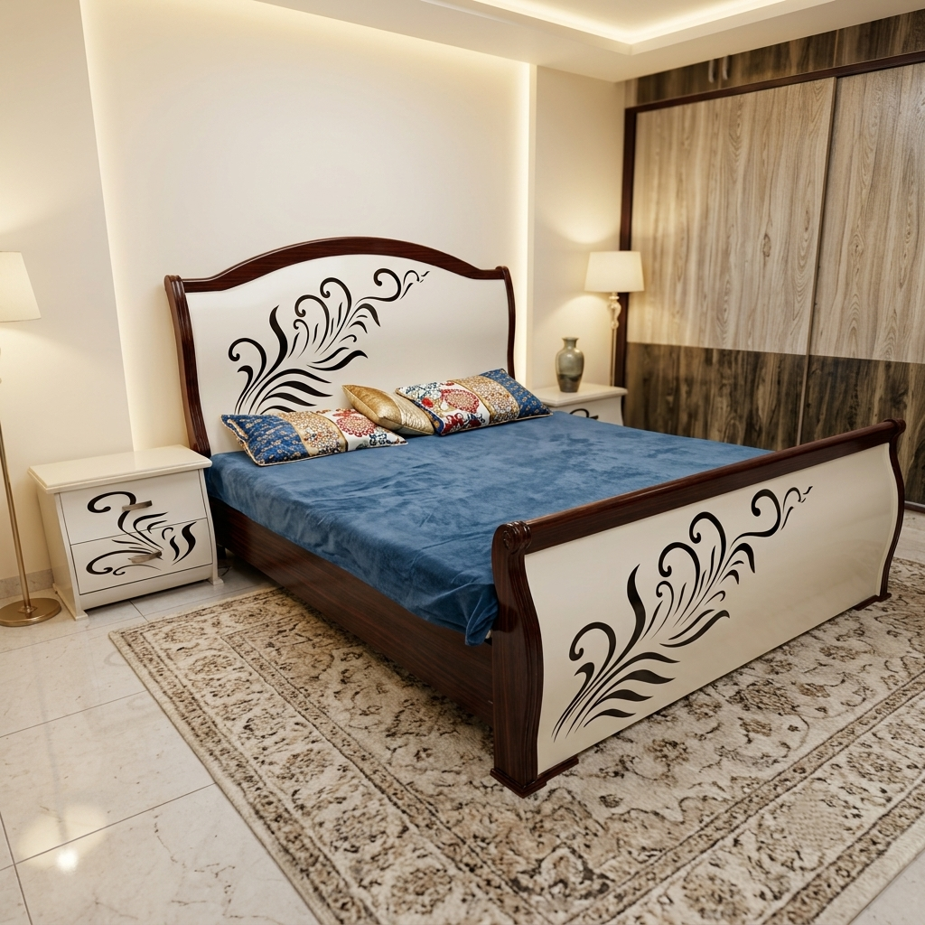 Premium Wood Bed with Floral Panels – Contemporary Style