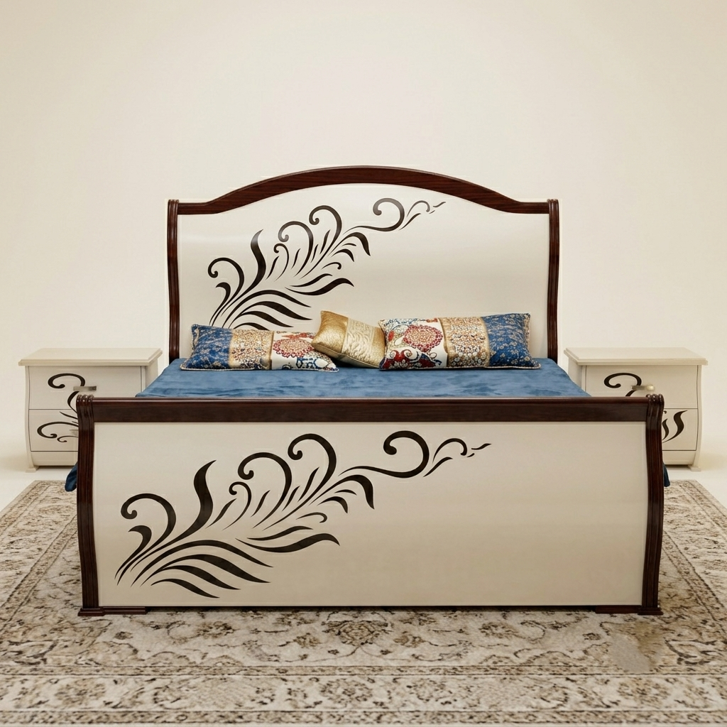 Premium Wood Bed with Floral Panels – Contemporary Style