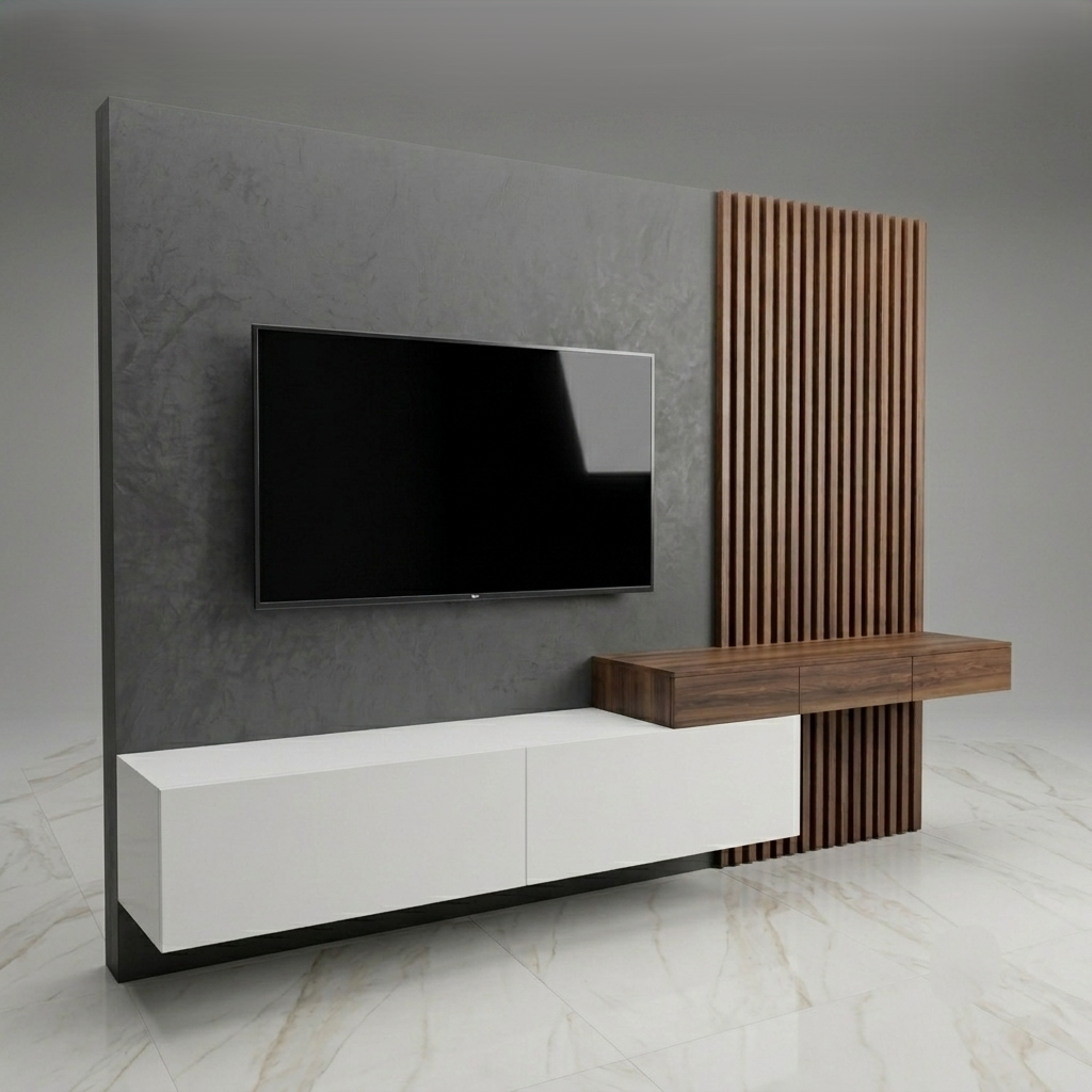 Modern wall-mounted TV stand and media console in a minimalist room. The design features a textured gray concrete wall panel, a vertical brown wood slat accent, a floating white cabinet, and a floating wooden shelf holding a black flat-screen TV.