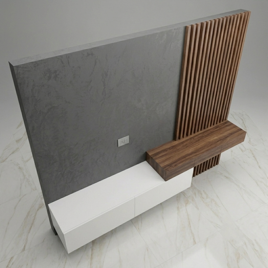 Modern wall-mounted media console with a large gray textured back panel, vertical wood slat accent, floating white cabinet base, and a wooden floating shelf, shown on a light marble-look floor against a neutral gray wall.