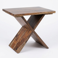 A rustic wooden side table with a square top and an X-shaped base made from thick, angled wood planks, shown on a white background.