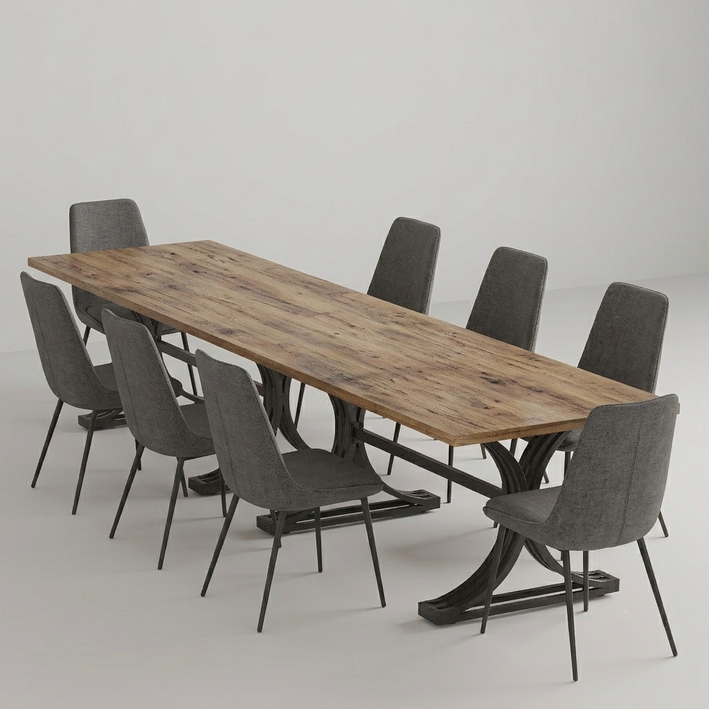 A long rectangular dining table with a rustic brown wood top and black metal base, surrounded by eight gray upholstered chairs with black legs, photographed in a clean studio setting.