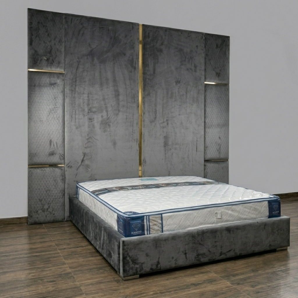 Modern Velvet Upholstered Bed with Tall Back Panel
