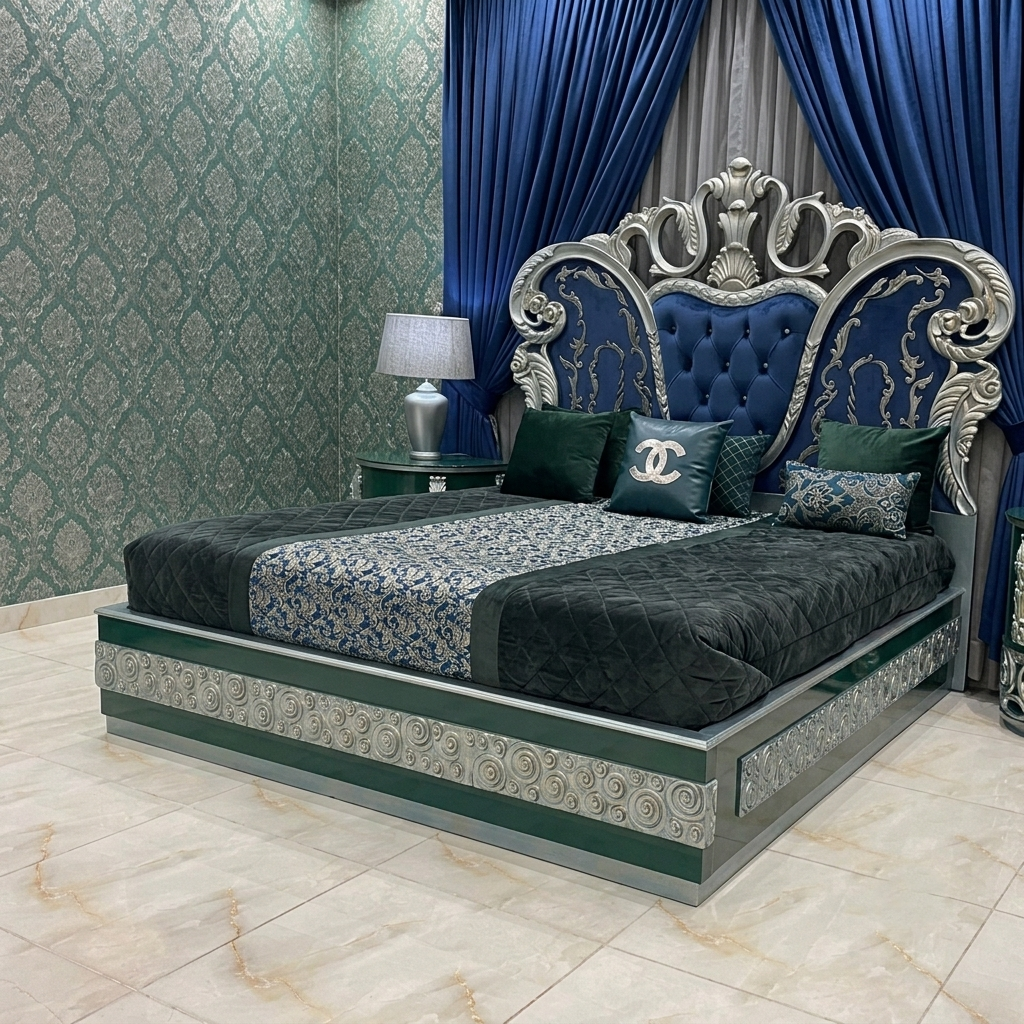 Ornate Velvet Bed in Premium Wood – Classic Luxury Style