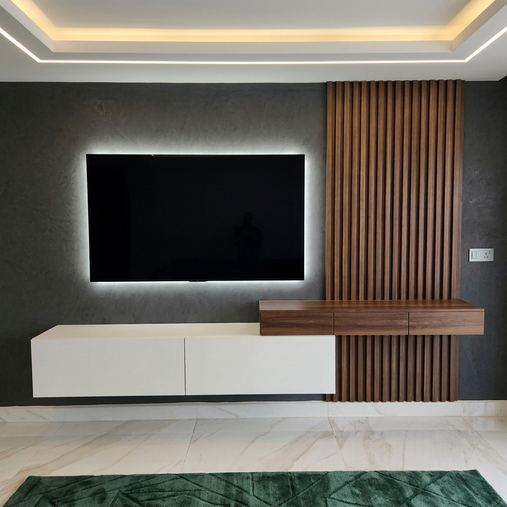 Modern wall-mounted TV setup in a living room, featuring a black flat-screen television with backlighting, a white floating media console, and a dark wood slatted accent wall section with a matching wood desk surface.